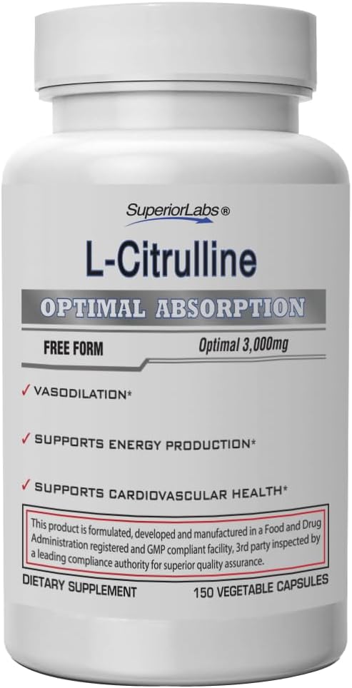Labs superiori L-citrullina 3000 mg, Non OGM, Aminoacido a forma libera ad alta potenza, Ossido nitrico & Vasodilation Booster, Pompa muscolare pre-allenamento, Endurance, Supporto cardiovascolare, 150 Caps Veg