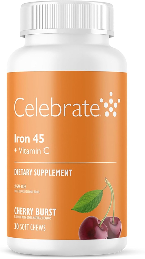 Celebrare le vitamine del ferro supplemento con vitamina C - 45 mg di ferro, 60 mg di vitamina C, vitamine baratiche per i pazienti WLS, manicotto verticale & gastrico Bypass Chirurgia - Ciliegia, 30