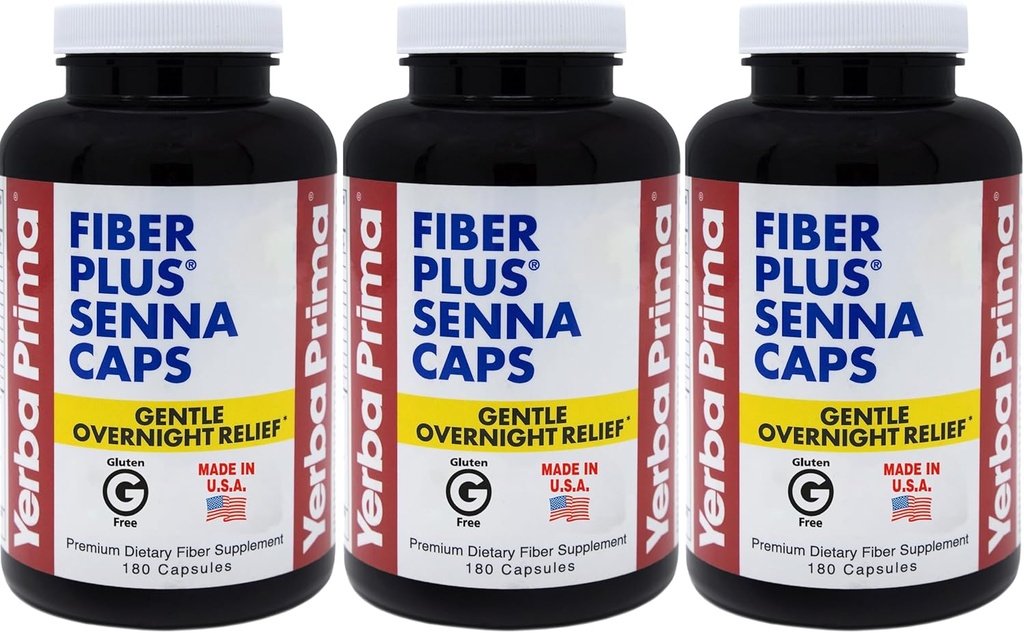 Yerba Prima Fiber Plus Senna Capsules, 180 Count (Pack of 3) - 118 Serve di Gentle Overnight Relief, USA Made, Non-OGM, per uso a breve termine per ripristinare la regolarità