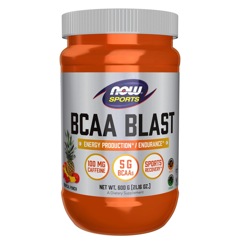 NOW Alimenti Nutrizione sportiva, Polvere BCAA Blast, 5 g BCAA, 100 mg Caffeina, Punch tropicale, 600-Grams