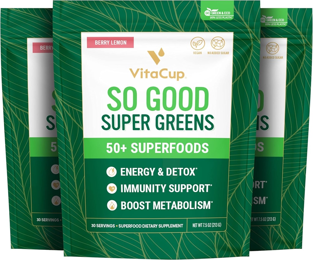 VitaCup Super Greens Powder Smoothie & Juice Mix w/ 50+ Superfoods Premium, Salute Digestiva, Bloating Relief, Detox, Gut Health w/Probiotics, Antiossidanti, Berry Lemon, 30 Servings Ogni, 3 Borse
