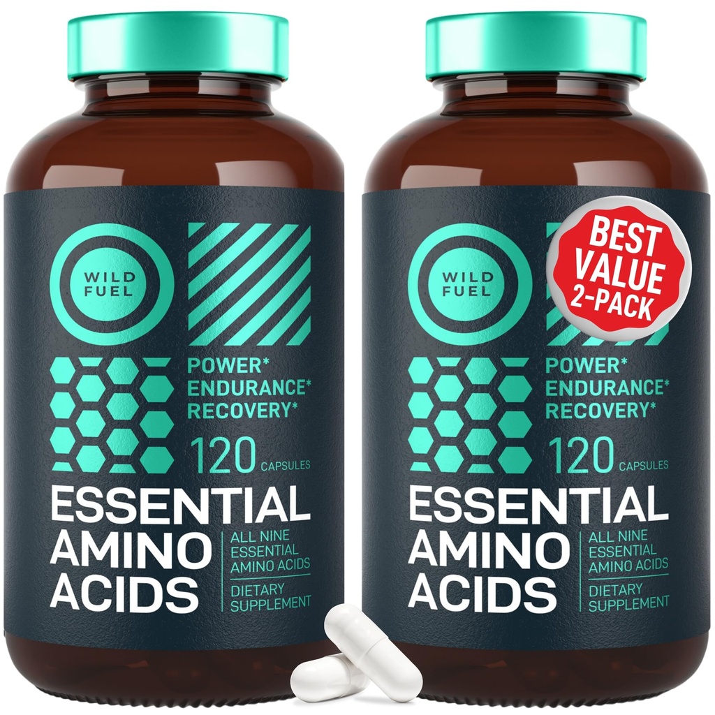 WILD FUEL Aminoacidi essenziali supplemento per le donne e gli uomini - Tutto 9 BCAAs Aminoacido complesso per il potere e il recupero - EAA Lysine, Tryptophan, Isoleucina - 2 Pack 240 Vegan BCAA capsule