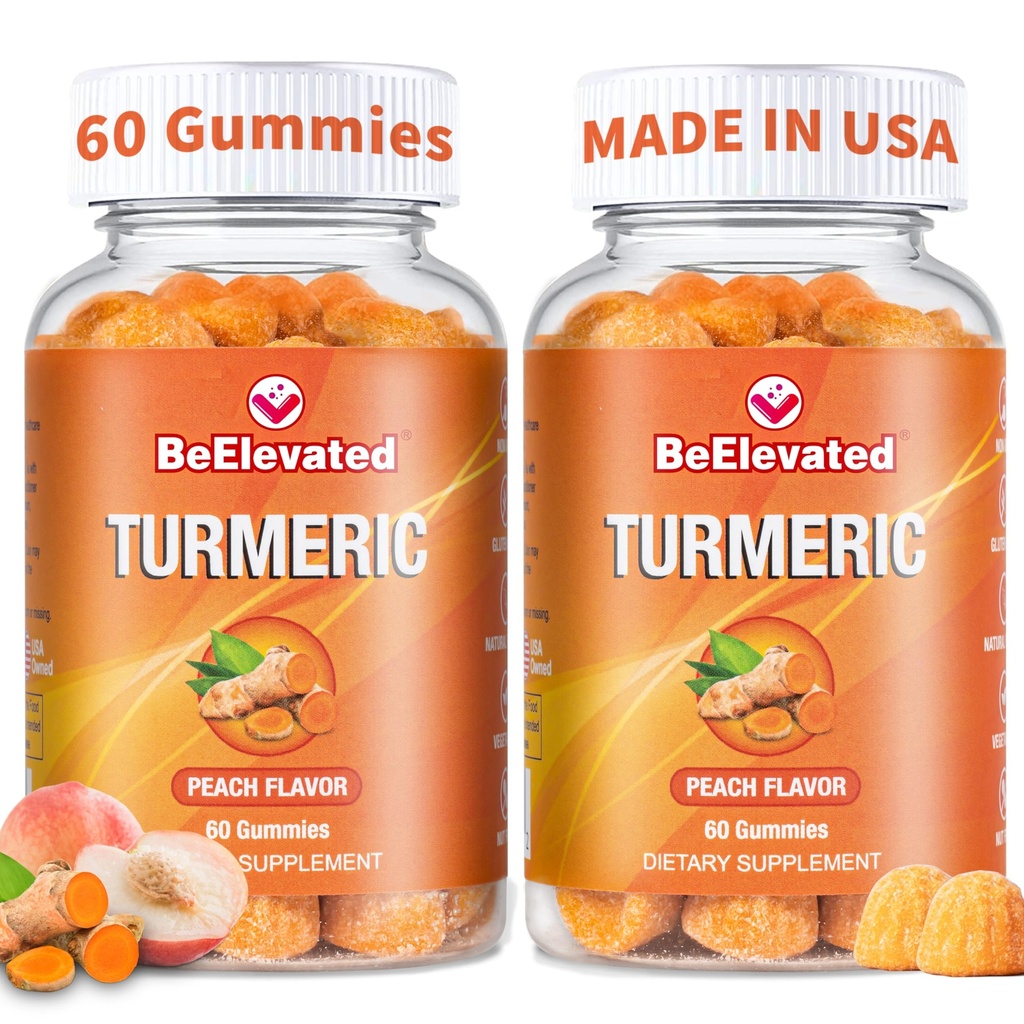 Turmeric and Ginger Supplement Gummies – Vegan and Non-GMO Peach Flavor Curcumin Gummies with Black Pepper for Adults – 60 Gummies per Bottle (Pack of 2)