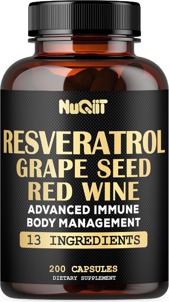 Trans Resveratrolo Supplemento con Estratto di Vino Rosso, Immune & Body Management Complex - Echinacea, Bulbo Aglio, Berberina HCI, Cardo Latte & More - 200 Capsule per 100 Serve