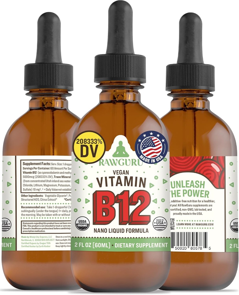 RawGuru Vitamina B12 Liquid Supplemento - Organic Vegan Liquid B12 con Trace Minerals - Nano-Processed Antiossidante & Immune Support Supplemento Tintura - 60 Serve di Gocce Vegane per 60 ml, Confezione da 1