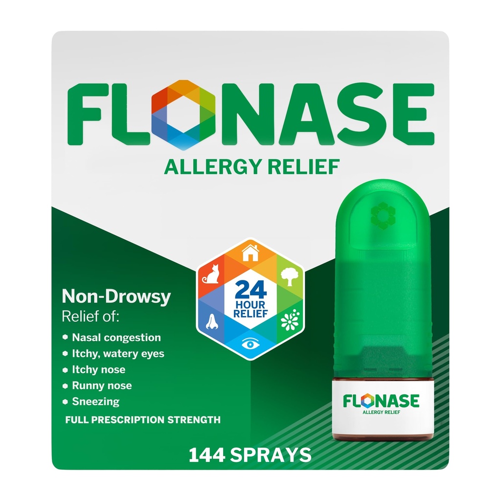 Spruzzo nasale dell'allergia di allergia di Flonase, 24 ore Medicina dell'allergia non dorsale, spray nasale misurato - 144 Spray- Rilievo dell'allergia di caduta e stagionale