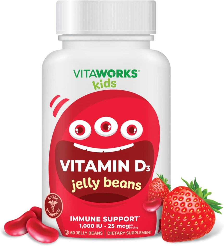 Vitamina D 1000 UI Jelly Beans - Gustoso aroma di fragola naturale, Vegetariano, OGM-Free, Gluten Free, Nut Vitamine libere - Integratore alimentare per il supporto immunitario - per i bambini - 60 Jellies