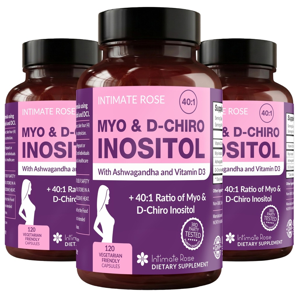 Mio-Inositol & D-Chiro Inositol Blend - 40:1 Blend Ratio - Supporto giornaliero per il benessere femminile - Vitamina D & Ashwagandha, 3 bottiglie