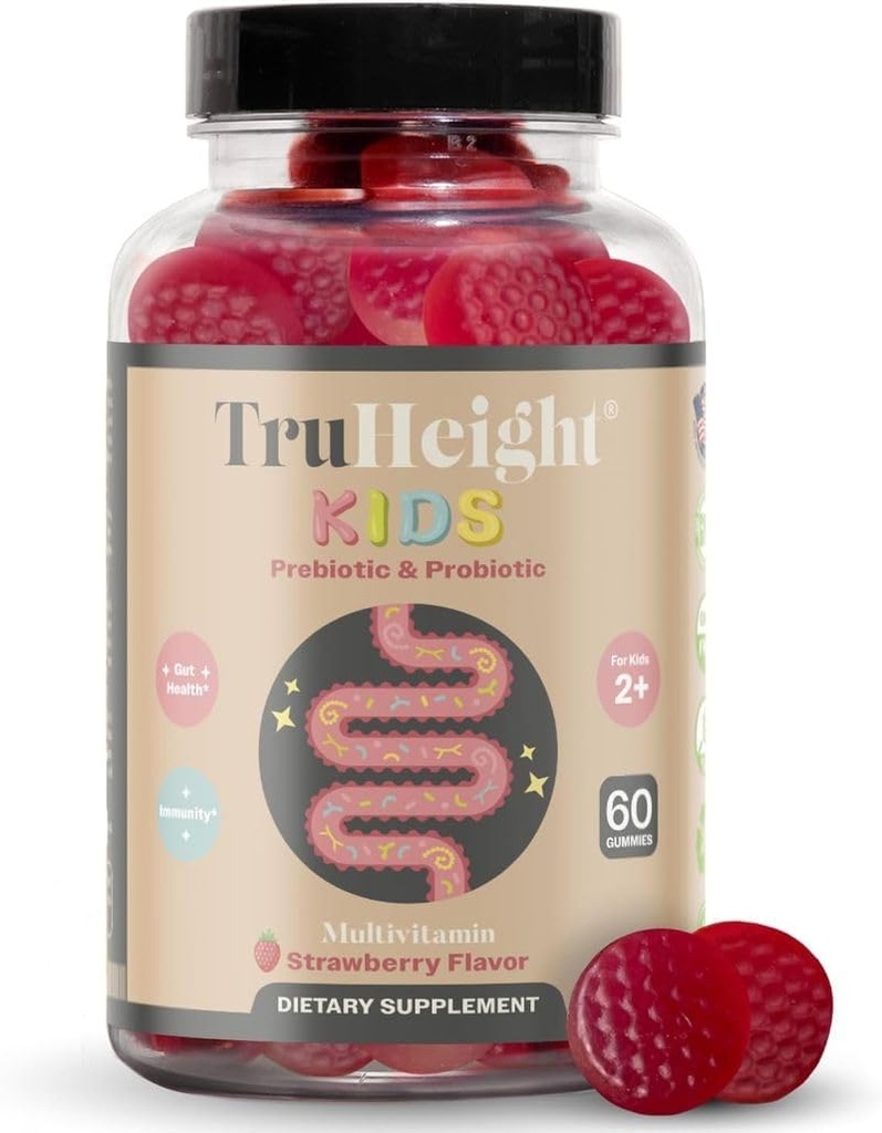 TruHeight Kids Prebiotici & Probiotic Gummies Età 2+ (Strawberry Flavor) Toddlers & Kids All Natural Gut Health, Digestive Enzymes & Constipation Relief Supplement - Pediatric Vitamine consigliate