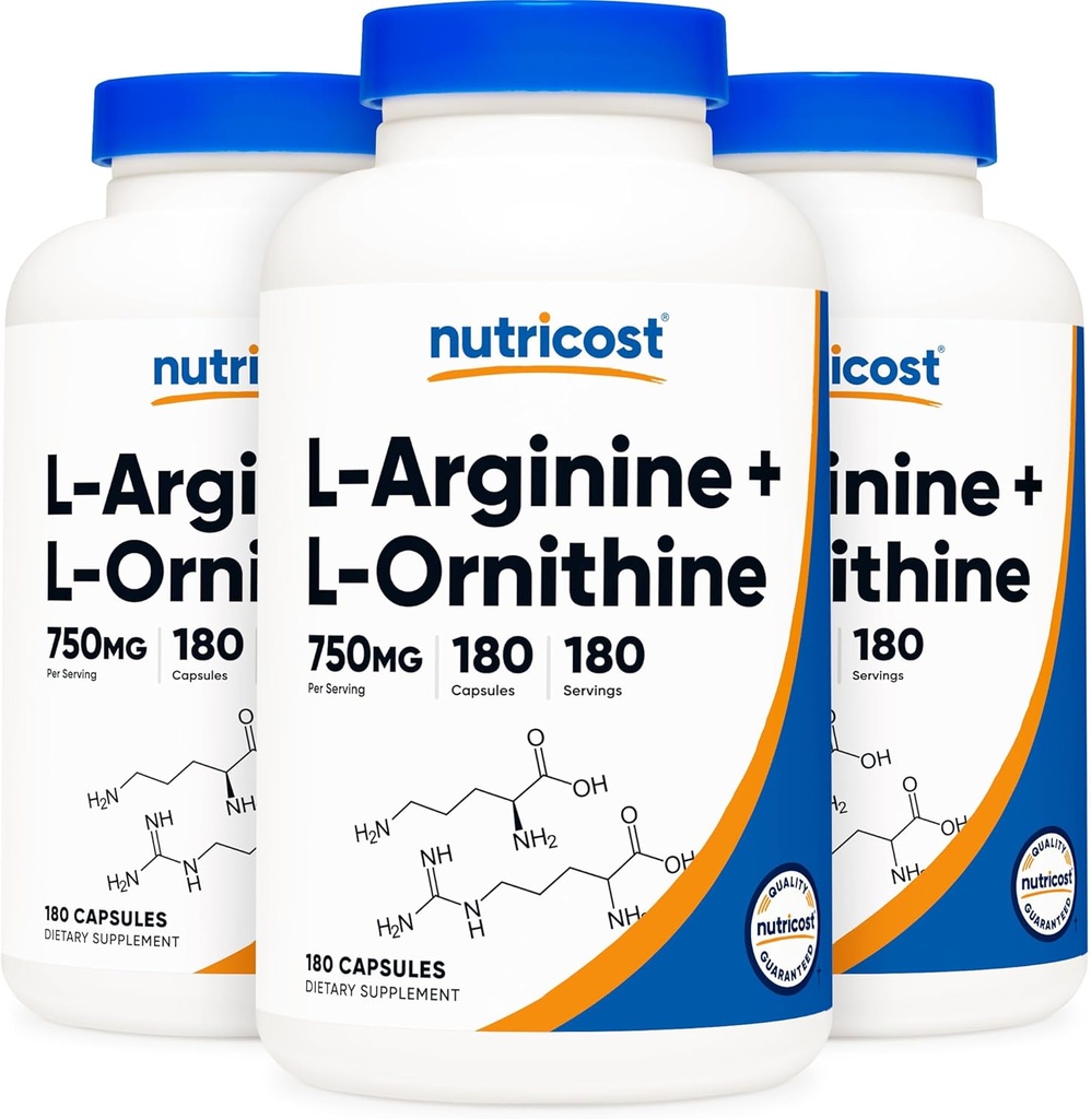 Nutricost L-Arginina L-Ornithine 750mg; 180 capsule (3 bottiglie)