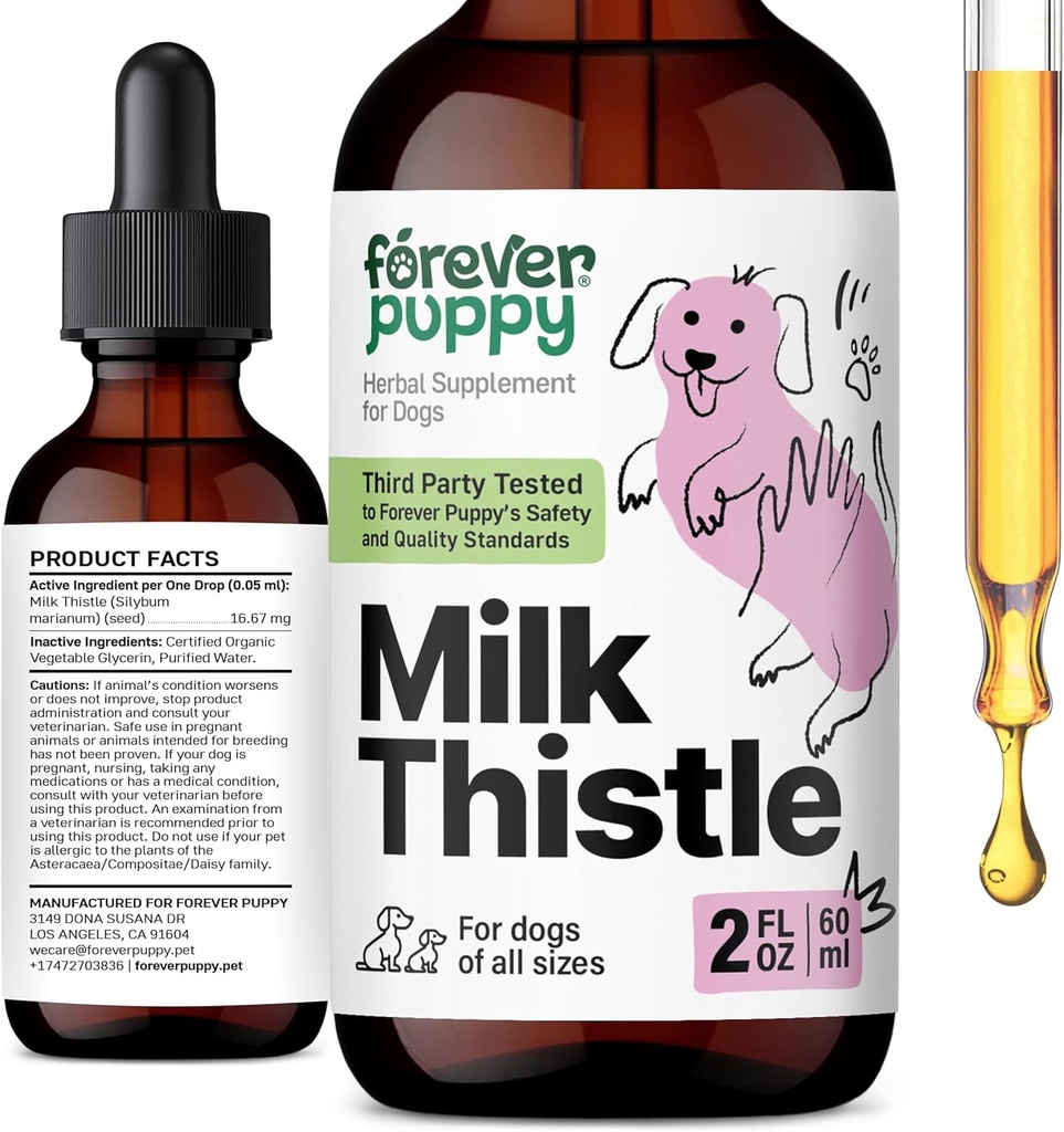 Forever Puppy Milk Thistle Supplemento per Cani - Supporto per il fegato per cani con estratto di cardo al latte - Integratori di silimarin & Vitamine per la piccola pezza media - Canine Liver Detox Drops - 2 oz