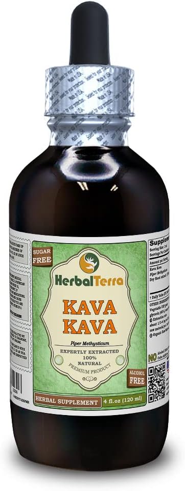 Kava Kava (Piper Methysticum) Glycerite, Estratto di liquido privo di alcool di radice secca (Nome: HerbalTerra, Proudly Made in USA) 4 fl.oz (120 ml)