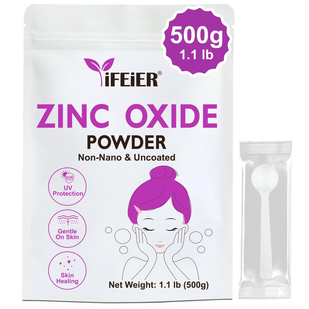 Polvere di ossido di zinco iFEiER | 500g (1,1 lb) Polvere di ossido di zinco non codificata al 100% per la protezione della pelle | Grado cosmetico ideale per la protezione solare fai da te, la lozione, deodorante e cura della pelle