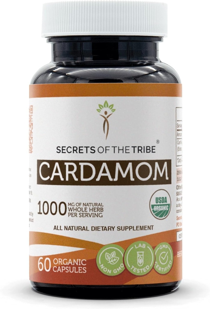 Segreti della Tribe Cardamom 60 Capsule, Realizzati con Capsule Vegetali e USDA Organic Cardamom (Elettaria cardamomum) Dried Pod (60 Capsule)
