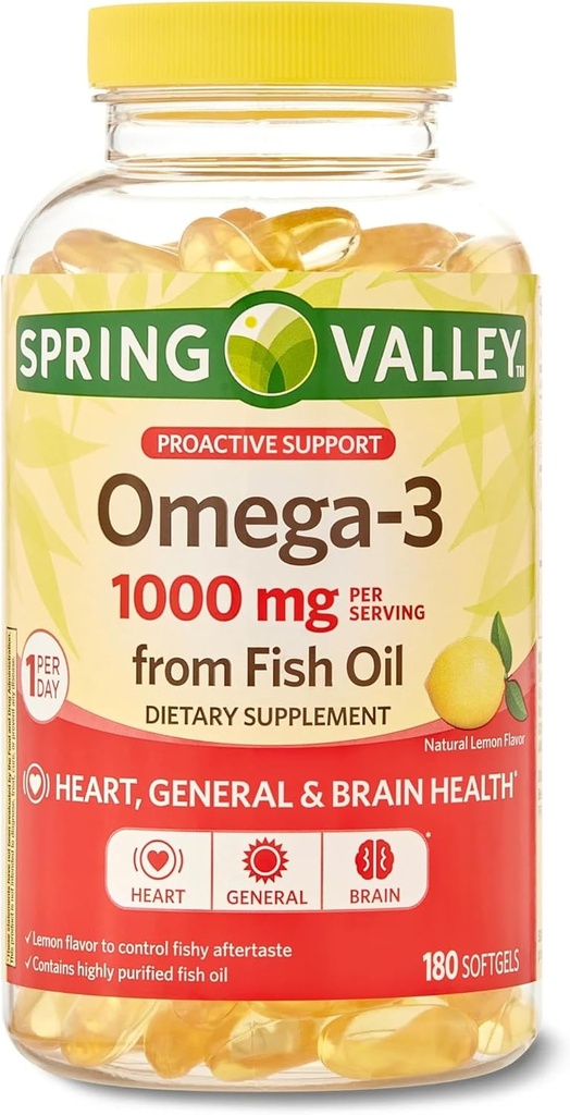 Valle di primavera Omega-3 1000 mg da olio di pesce, cuore, salute del cervello, limone,180 Softgels