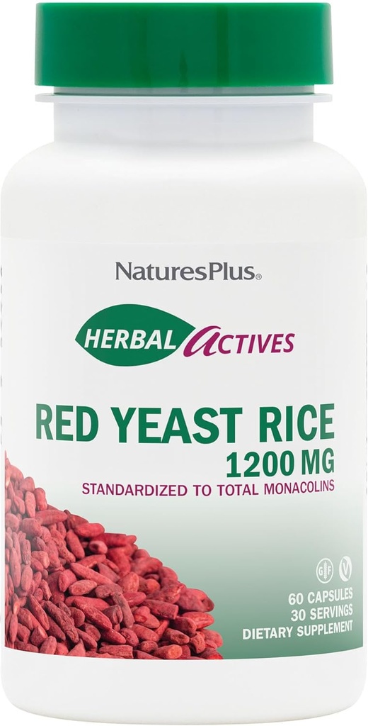 NaturesPlus Herbal Actives Red Yeast Rice 1200 mg - 60 capsule - Non OGM, Vegan, Gluten Free - 30 Serve