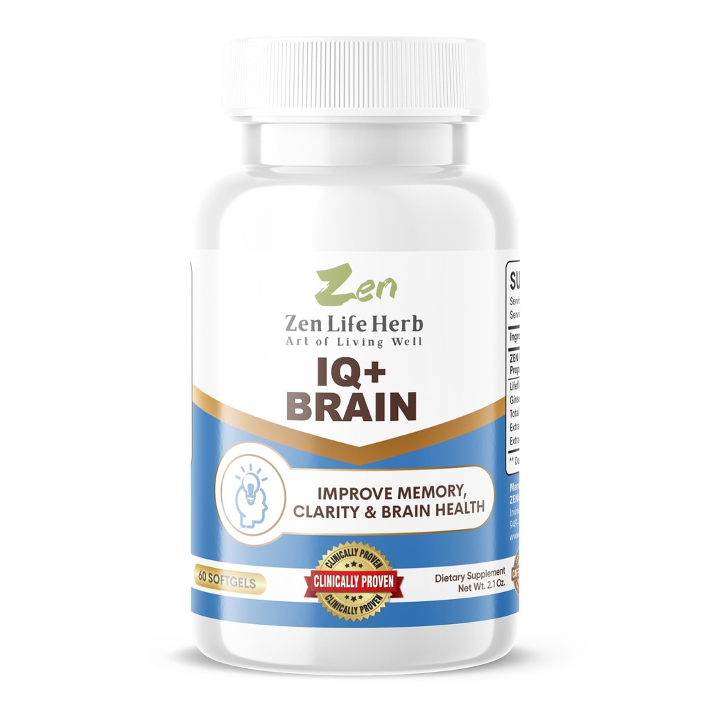 ZEN LIFE HERB IQ+ Cervello - Caffeina-Free, Clinicamente testato messa a fuoco, Concentrazione, Memoria & Energia, Natural Plant-Based Herbal Supplement, Non Aggiunto Vitamine/Minerals/Mushroom/Sugar (60 Softgels)
