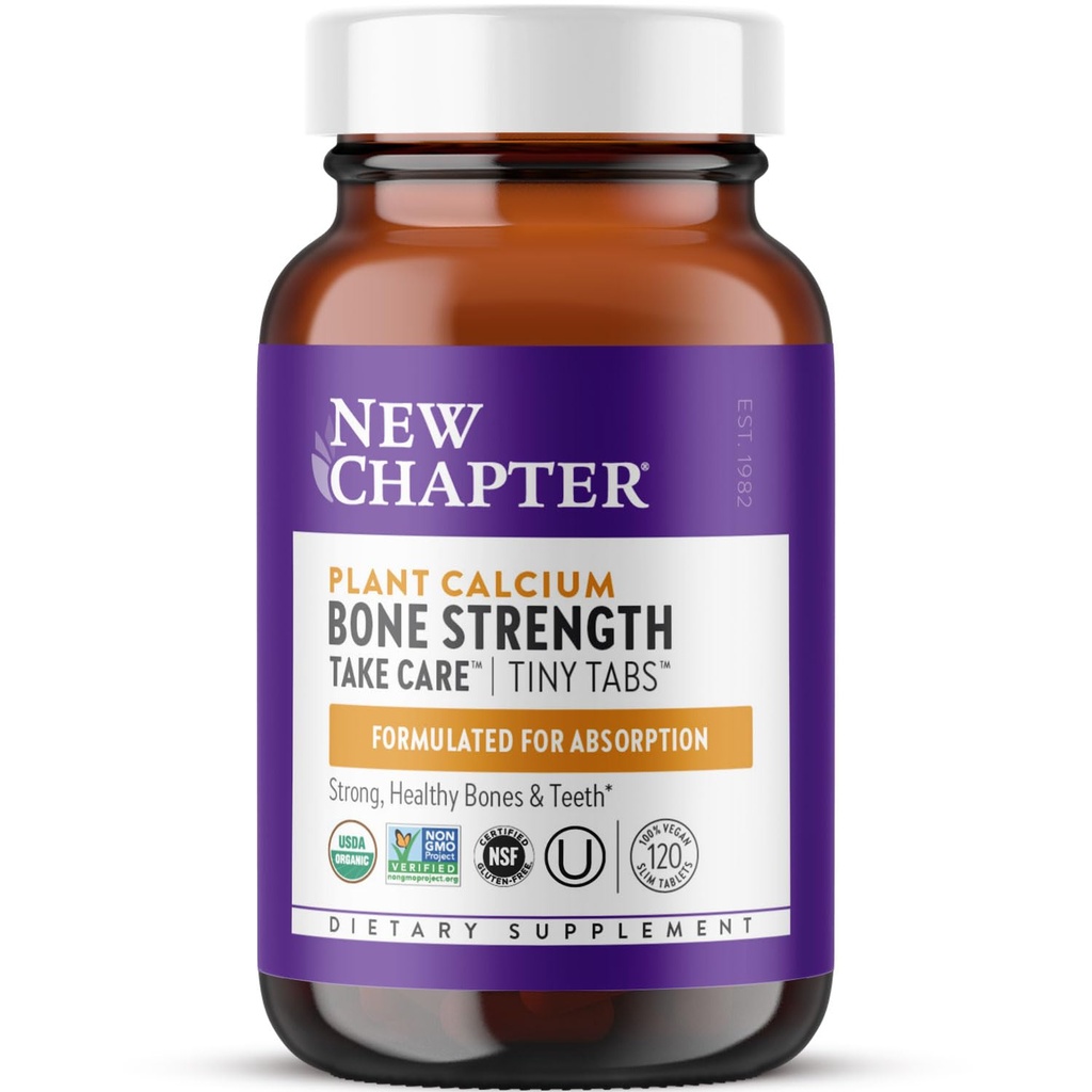 Nuovo Capitolo Calcium Supplemento - Bone Strength Tiny Tabs Organic Calcium con Magnesio, Vitamina D3+K2, 70+ Minerali di Trace per la Salute del Bone, Senza Glutine, Facile da ingoiare - 120 ct