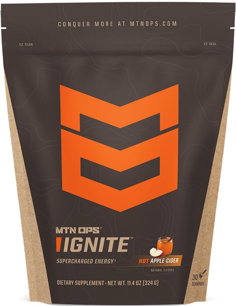 MTN OPS Hot Ignite Instant Coffee Nootropic & L-Arginina L-Citrulline per la chiarezza cognitiva, messa a fuoco mentale & Nitric-Oxide Boost | 200mg Caffeina per porzione, 30 Servings | Cider Apple