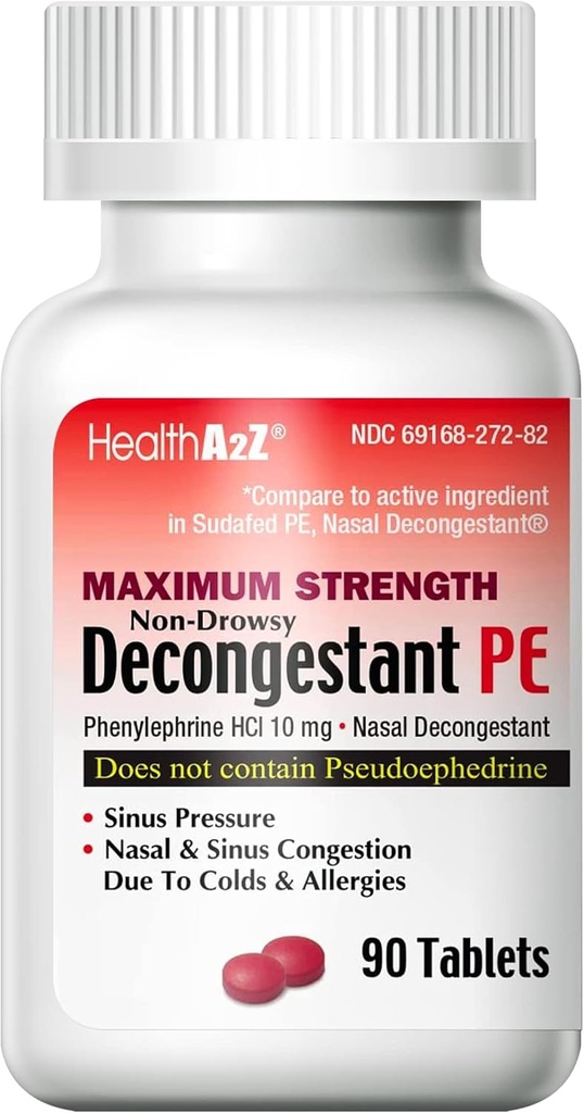 HealthA2Z® Decongestant PE | Phenylephrine HCl 10 mg | Forza massima | Rilievo di congestione nasale e sinusale non sonnolenta a causa di Cold & Allergies (90 conteggio (confezione di 1))