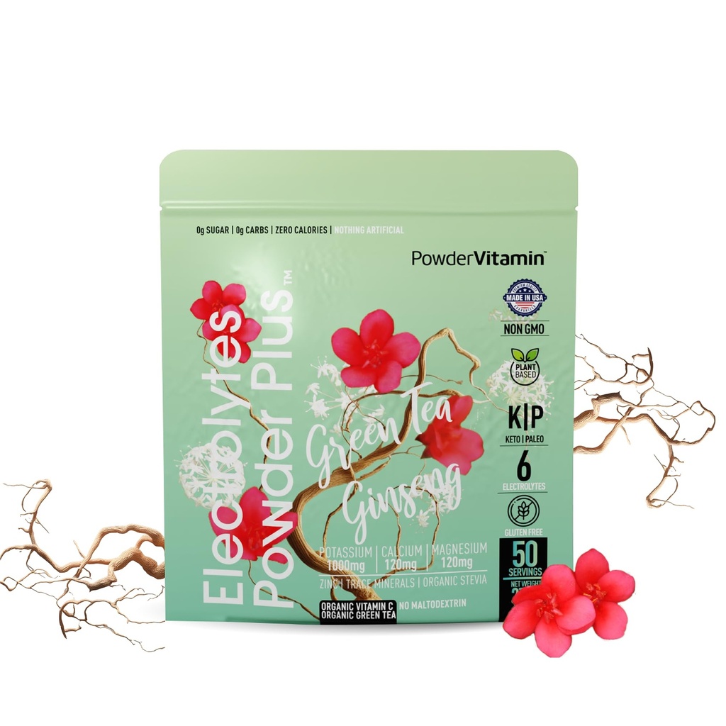 PolvereVitamin Electrolytes Powder Plus (50 Servings) Green Tea Ginseng Electrolyte Powder Keto, Sugar Free, Pink Himalayan Salt, 1000mg Potassium, 120mg Calcium, 120mg Magnesium, Polvere di idratazione