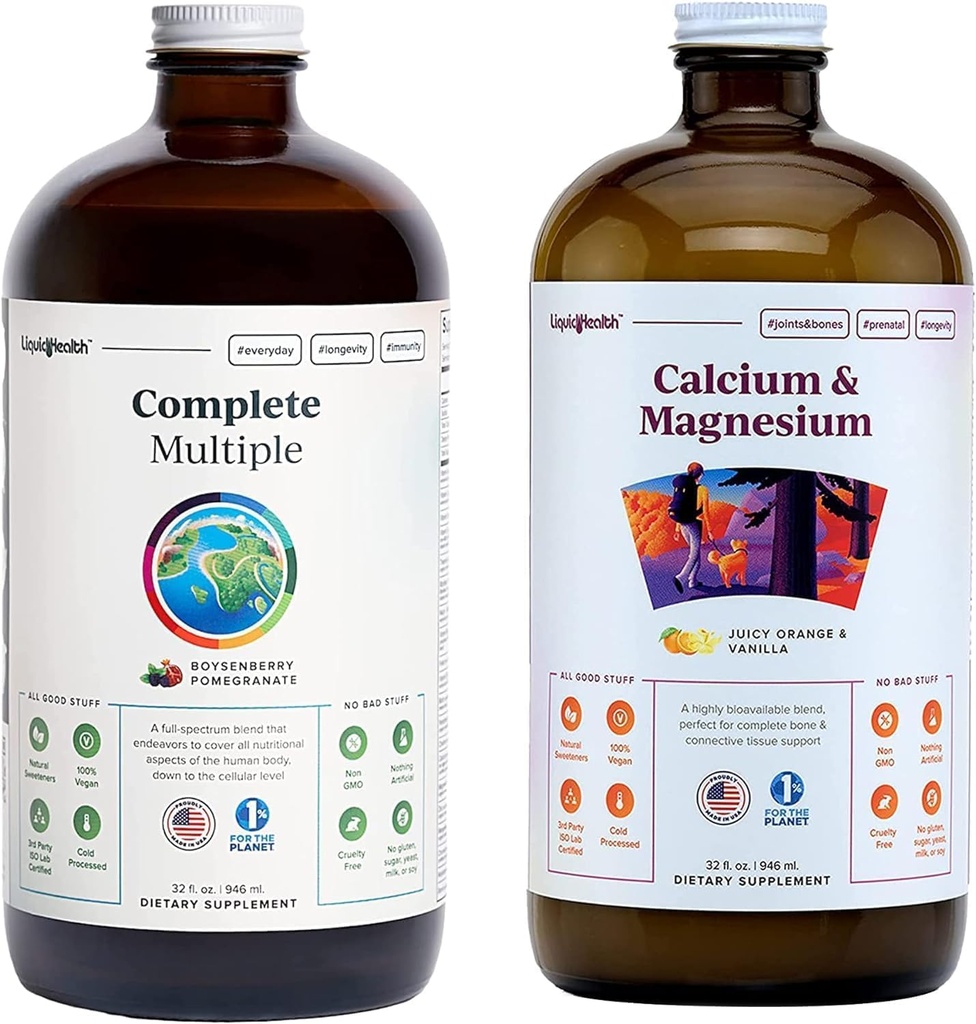 LIQUIDHEALTH Completo Multivitaminico & Calcio e Magnesio Vitamina Liquida Bundle per Adulti - Salute Tutto Corpo, Sistema Immune, Bone & Supporto Giunto - Cibi interi, Vegan, Non OGM, USA Made