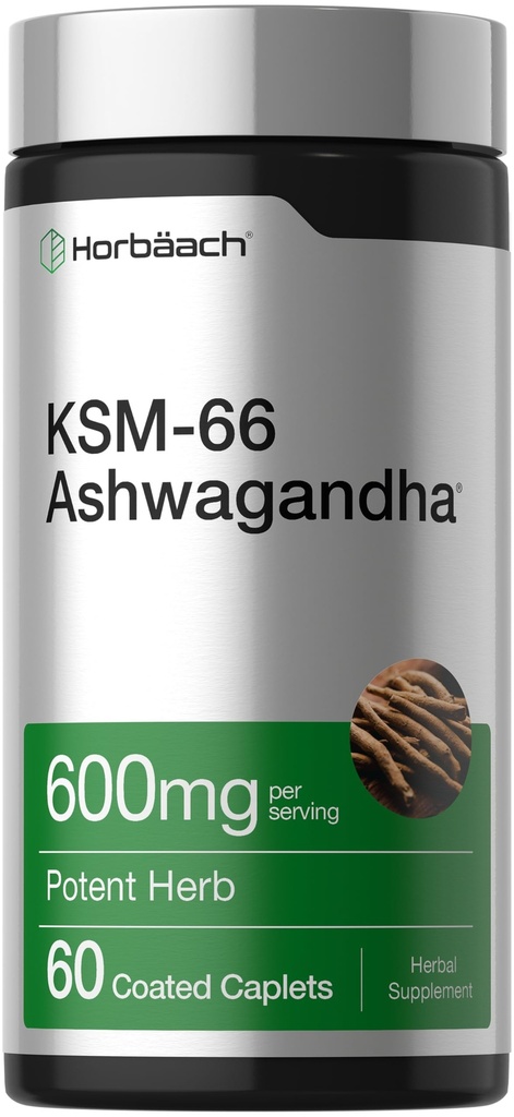 Horbäach KSM-66 Ashwagandha Supplemento Caplets | 600mg | 60 pillole | con L-teanina | per le donne e gli uomini | Vegan, Non-GMO, Gluten Free Complex Supplement