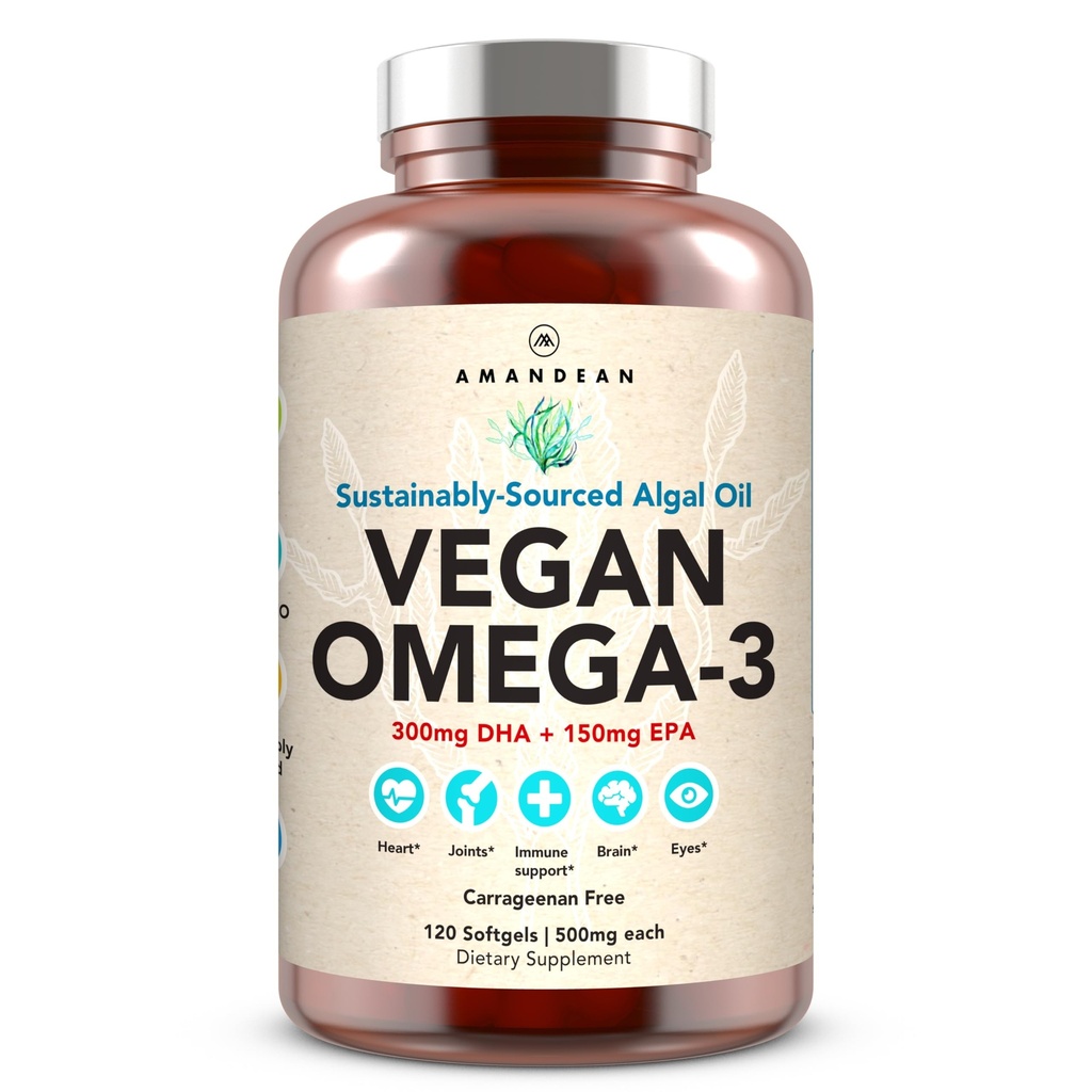 AMANDEAN Vegan Omega 3 supplemento. Premium Fish Oil Alternative. Algae DHA & EPA. Carrageenan Free Softgels. Acidi grassi essenziali algal. Cuore a base di piante, cervello, occhio, pelle, supporto immunitario. (120ct)