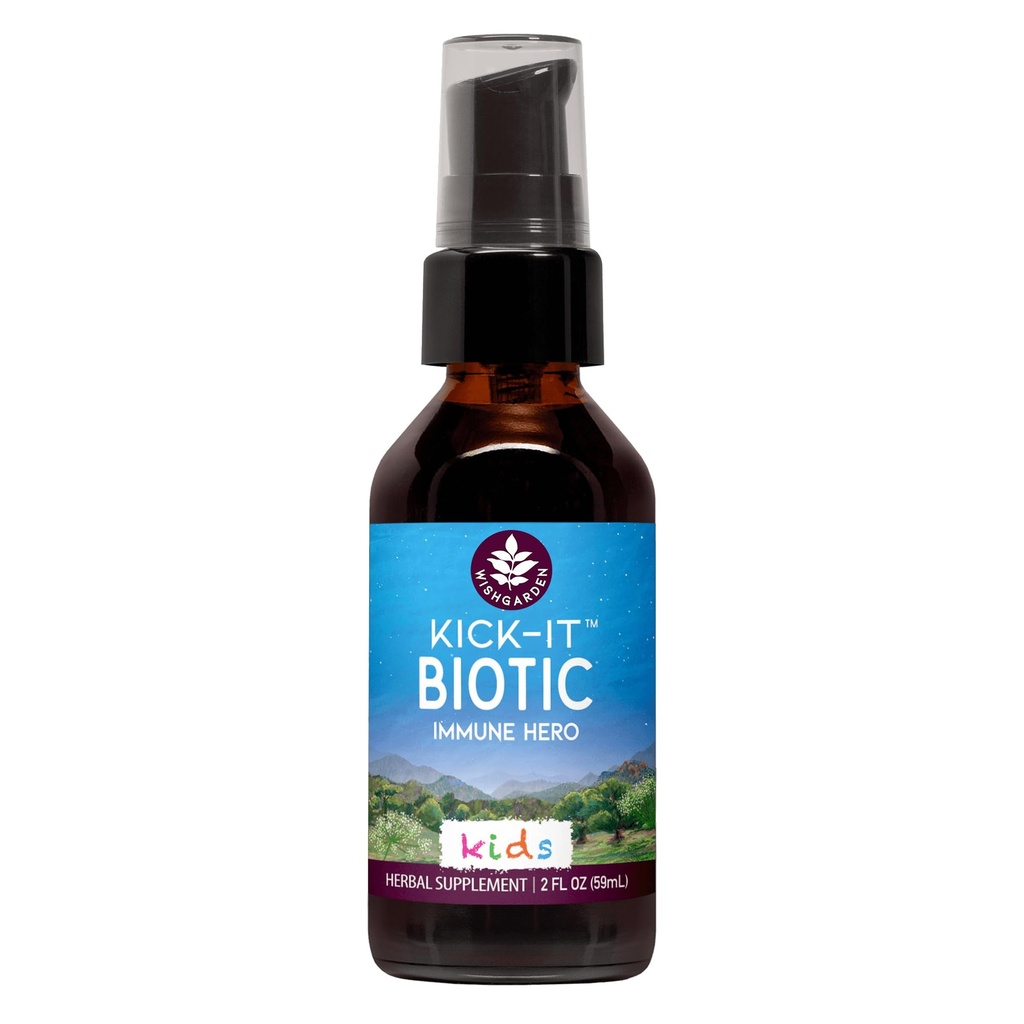 Erbe di WishGarden Kick-It Eroe Biotico Immune per Bambini - Formula Biotica di erbe vegetale con Usnea Lichen & Echinacea, Supporta la funzione sana di sistema immunitario e respiratorio, Booster immunitario, 2oz