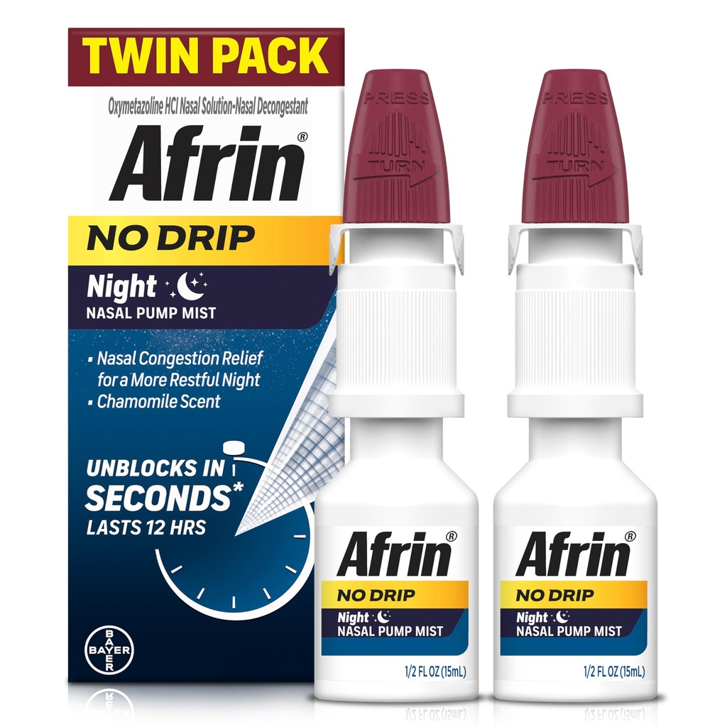 AFRIN No Drip Night Nasal Mist Twin Pack, Non-Drowsy, Fast-Acting Decongestant per il sonno riposante con il profumo di camomilla, adulti e bambini 6 e più vecchi, .5 fl oz (Pack of 2)