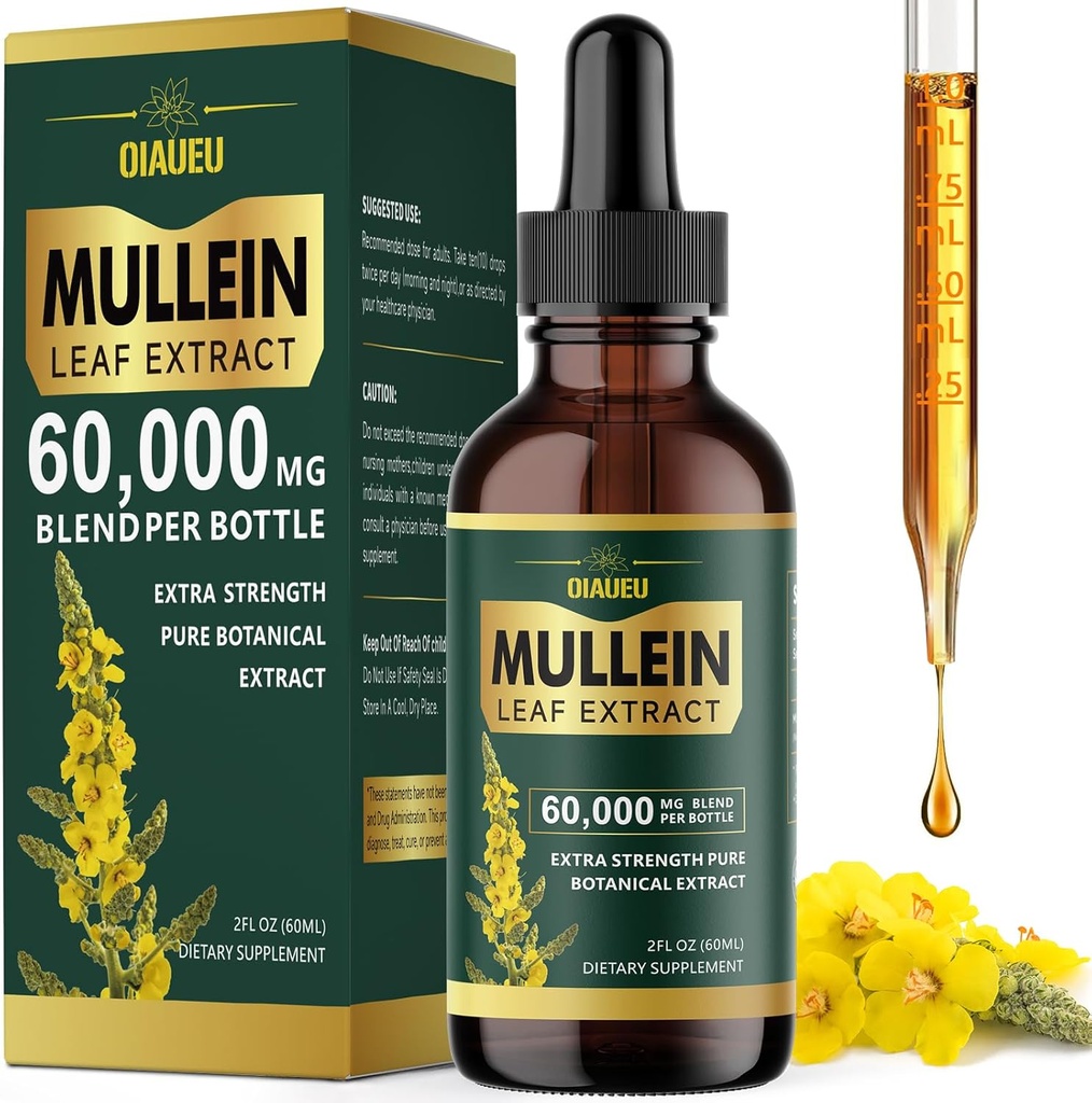 Gocce di Mullein organico per polmoni, Mullein Leaf Tincture Support Lung Cleanse, Estratto liquido di supplemento naturale per Detox polmonare e Respiratory Health, Vegan, 2 fl oz