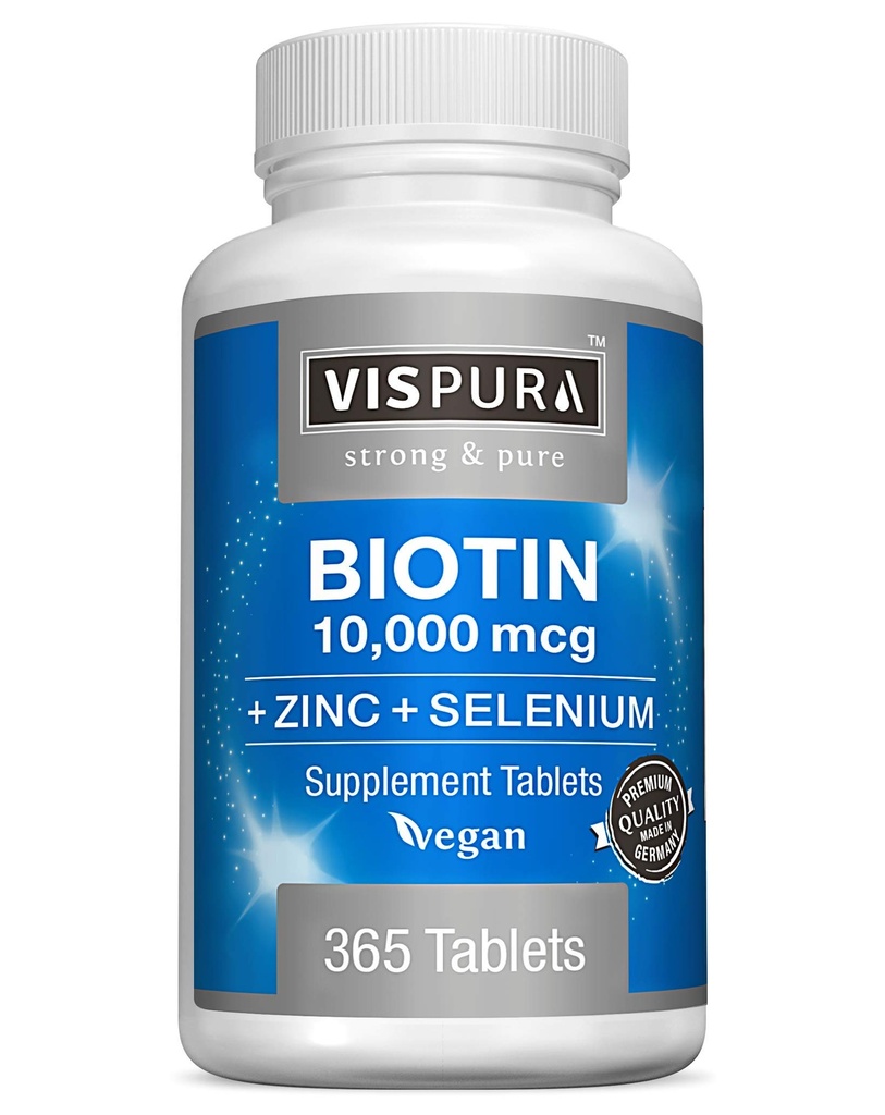 Biotina 10000 mcg + Zinco + Selenio, Pure, Vegan & Extra Strong, Miglior Supplemento per la crescita dei capelli, Pelle luminosa, Unghie forti*, 365 compresse per 12 mesi, Naturale Senza Additivi