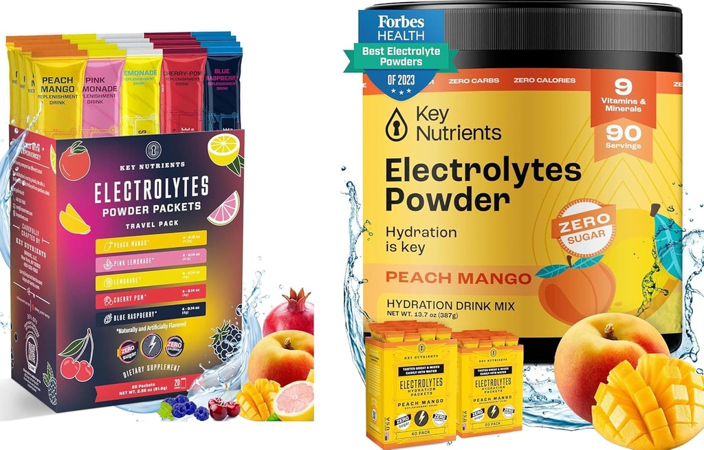 KEY NUTRIENTs Ultimate Hydration & Multivitamin Duo: 20-Pack Varietà 5 aromi + 90-Serving Tropical Peach Mango Electrolytes Powder
