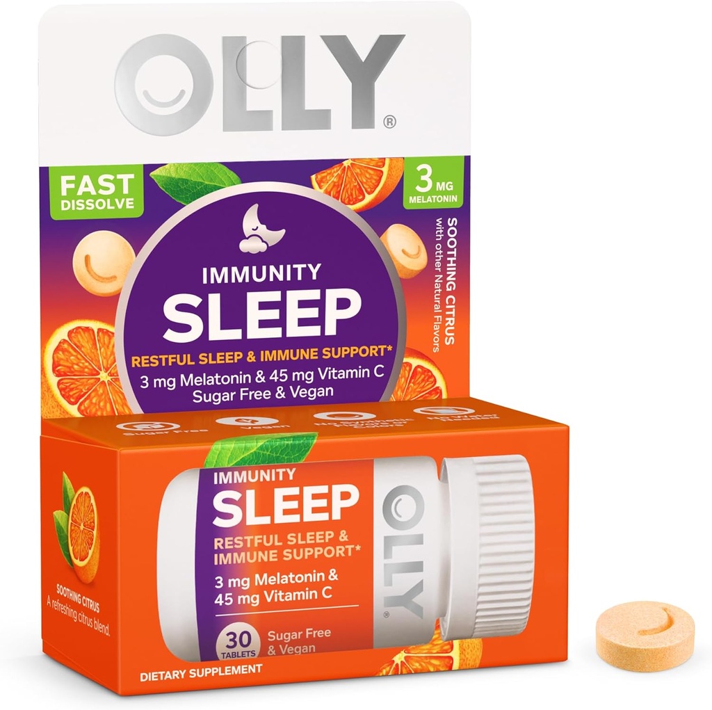 OLLY Immunity Sleep Fast Dissolves, 3mg Melatonin, Vitamina C, Citrus Flavor, 30 giorni di alimentazione - 30 Conte