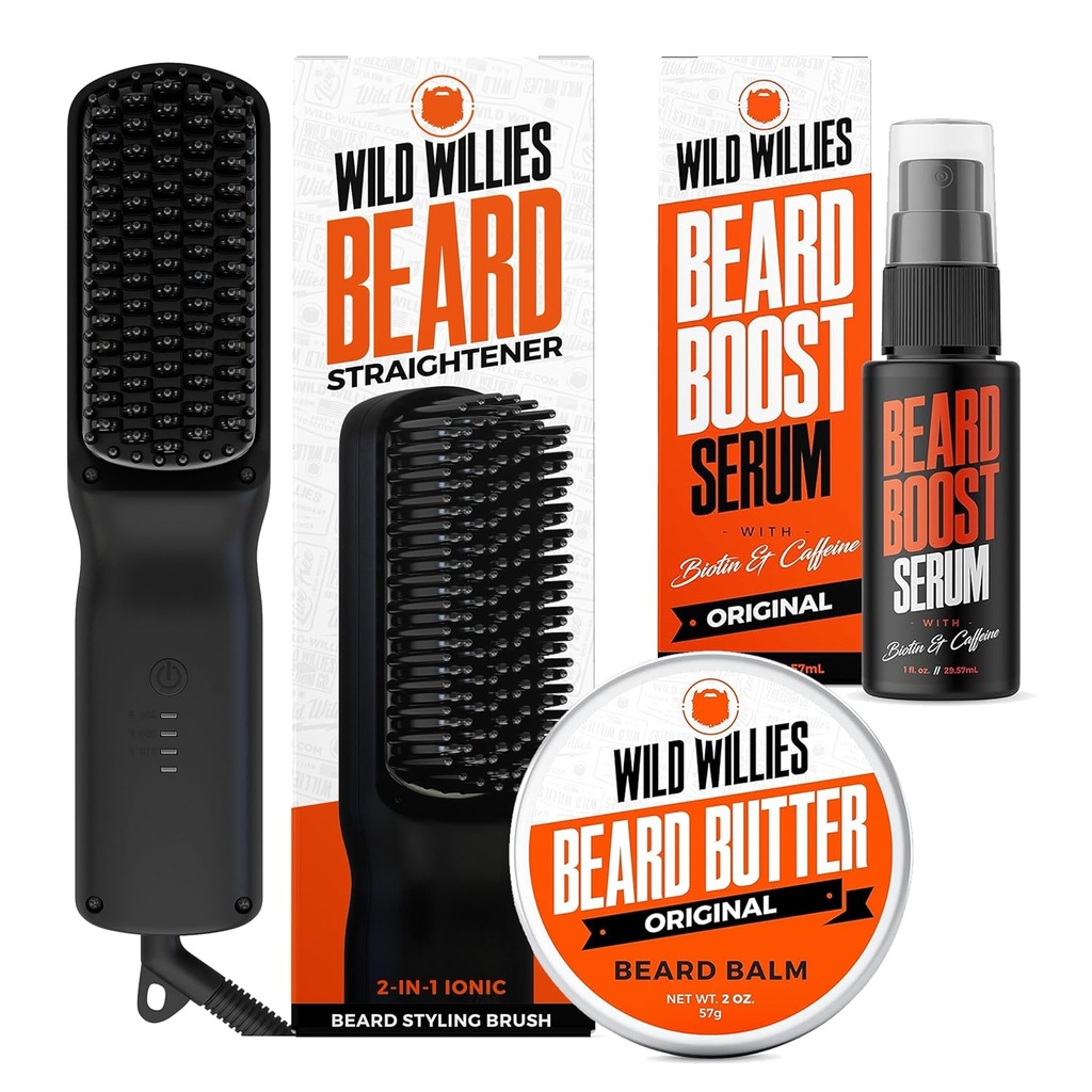 Kit di cura del cuscinetto Wild Willies: Raddrizzatore del cuscinetto riscaldato per gli uomini, Burro del cuscinetto, & Siero di crescita del cuscinetto - Set di strumenti di Grooming Ultimate, Balm del cuscinetto, Siero di idratazione, Spazzola calda del cuscinetto della culla per uso quotidiano