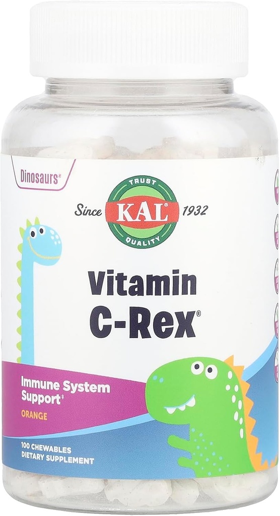 KAL C-Rex Chewable Vitamin C per bambini, Integratore di supporto Immune con Bioflavonoidi di Rose HIPS, Rutin & Acerola, Arancione saporito, Fruttosio Libero, Compresse masticabili