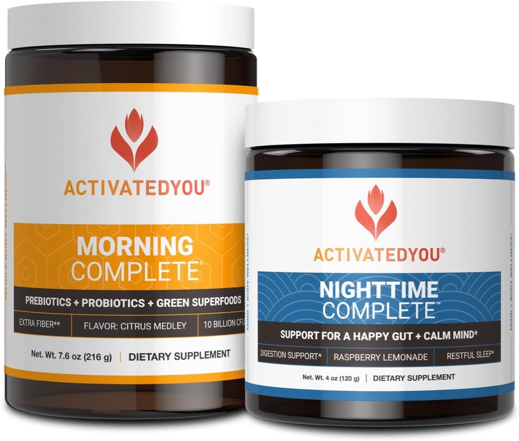 ACTIVATEDYOU Mattina Prebiotici, Probiotici e Superfood Verdi (Citrus Medley) & Nighttime Complete, Ashwaghanda (Raspberry Lemonade), 30 Serve