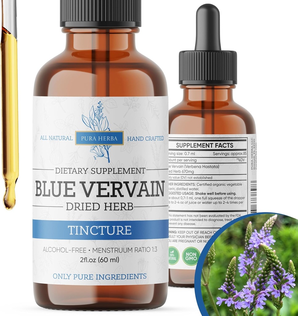 Blue Vervain Herb Organic, Blue Vervain Tincture, Alcol Free, Vegan - 2 Fl Oz