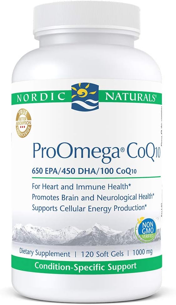 Nordic Naturals ProOmega CoQ10 - Fish Oil, 650 mg EPA, 450 mg DHA, 100 mg CoQ10, promuove la salute neurologica e la produzione di energia cellulare*, 120 Gel Morbidi