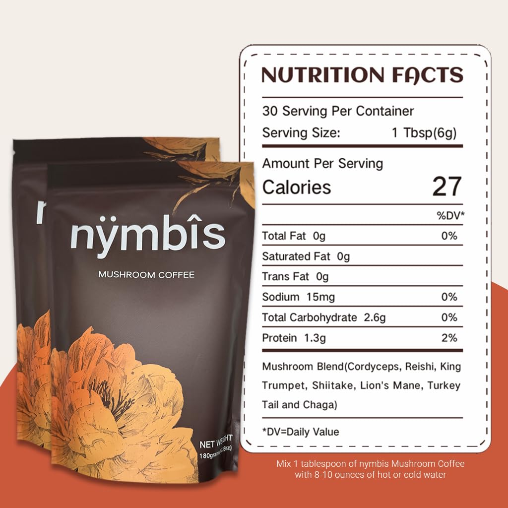 nymbis Mushroom Coffee | Caffè macinato con 7-Mushrooms Blend (Cordyceps, Lion's Mane, Reishi, Chaga, Maitake, Shiitake, Turkey Tail) | INSTANT COFFEE | 30 Servings