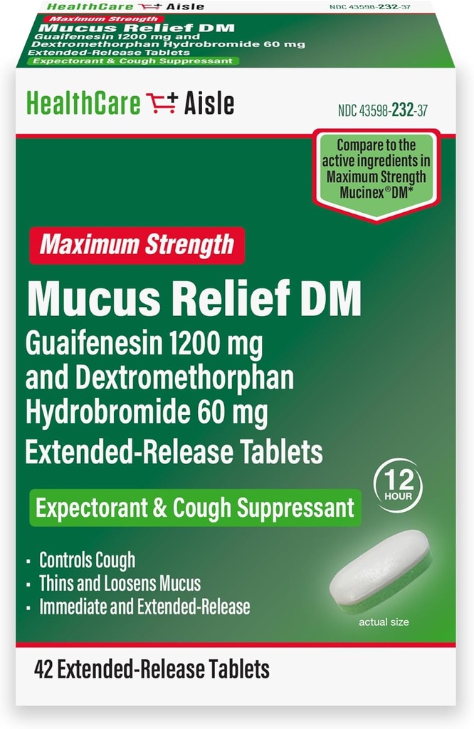 HealthCareAisle Guaifenesin 1200 mg Dextromethorphan Hydrobromide 60 mg Tabelle estese di rilascio - 42 Conte - Prospetto di sollievo del muco e Suppressore della tosse formulato per il sollievo dalla congestione del petto