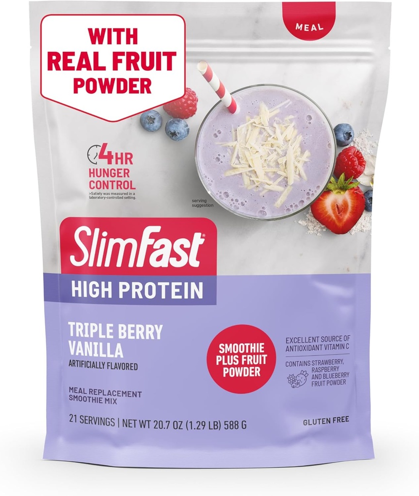 SlimFast High Protein Smoothie Mix Plus Fruit Powder, Alta Protein Meal Sostituzione Polvere, Fibra, Vitamina C, 21 Servings, 1.29 Pounds, Triple Berry Vanilla (Packaging May Vary)