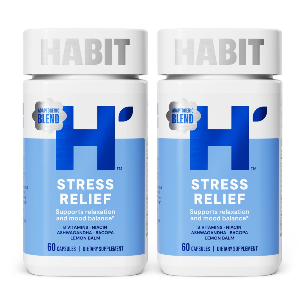 Habit Stress Relief Supplement 2 Pack (120 capsule) - Nuovo look, Supporti Relax & Mood Balance, Vitamina B, Adaptogens, Lemon Balm, Calma, Vegan, Non OGM