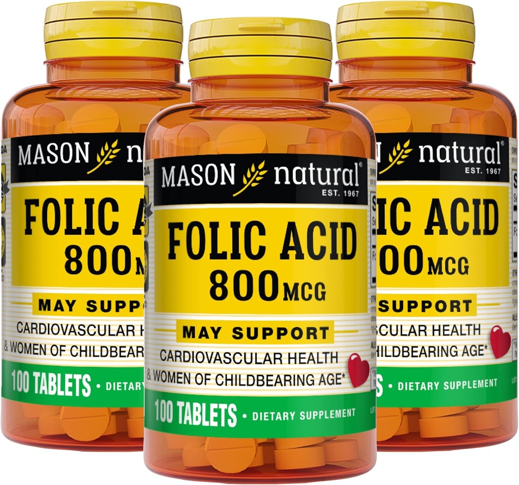 MASON acido folico naturale 800 mcg - aiuta la funzione del sistema nervoso, supplemento giornaliero per la salute, l'umore e la cura prenatale, per le donne di età fertile, 100 compresse (pacchetto di 3)