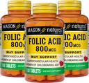 MASON acido folico naturale 800 mcg - aiuta la funzione del sistema nervoso, supplemento giornaliero per la salute, l'umore e la cura prenatale, per le donne di età fertile, 100 compresse (pacchetto di 3)