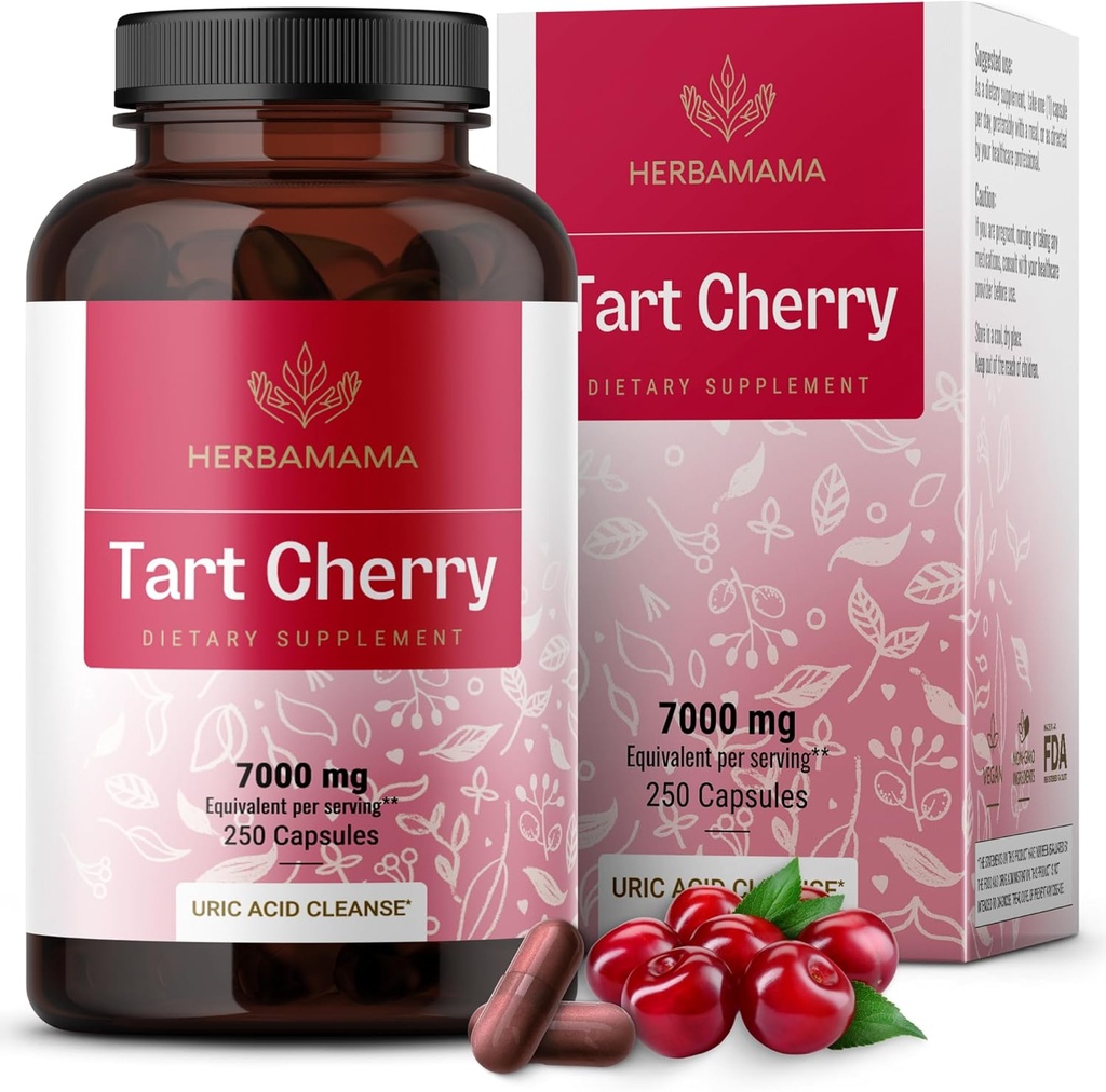 HERBAMAMA Tart Cherry Extract Capsule - Estratto di ciliegia di Tart per il supporto acido urico - Vegan, Non OGM Antiossidante supplemento