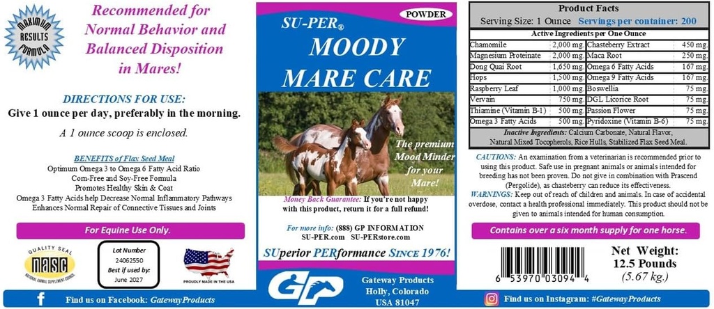SU-PER Moody Mare Care Powder - Integratore di cavalli equini con Chasteberry & Maca Root - 12,5 lbs