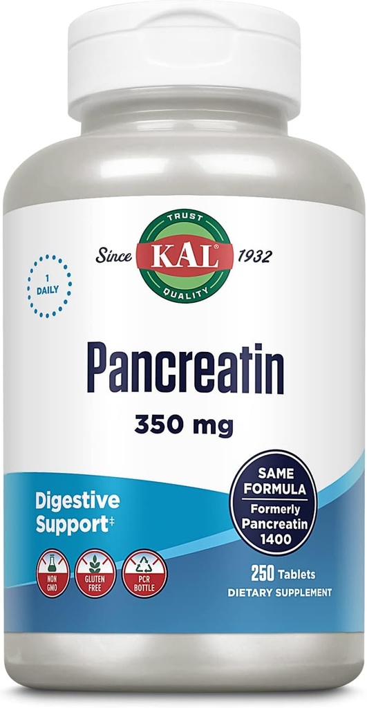 KAL Pancreatin 350mg, Enzimi Digestivi per Donne e Uomini, Enzimi Pancreatici per Supporto Sanitario Digestivo, Gluten Free, Non OGM, Rapid Disintegrazione, 60-Day Guarantee, 250 Serve, 250 Tablet