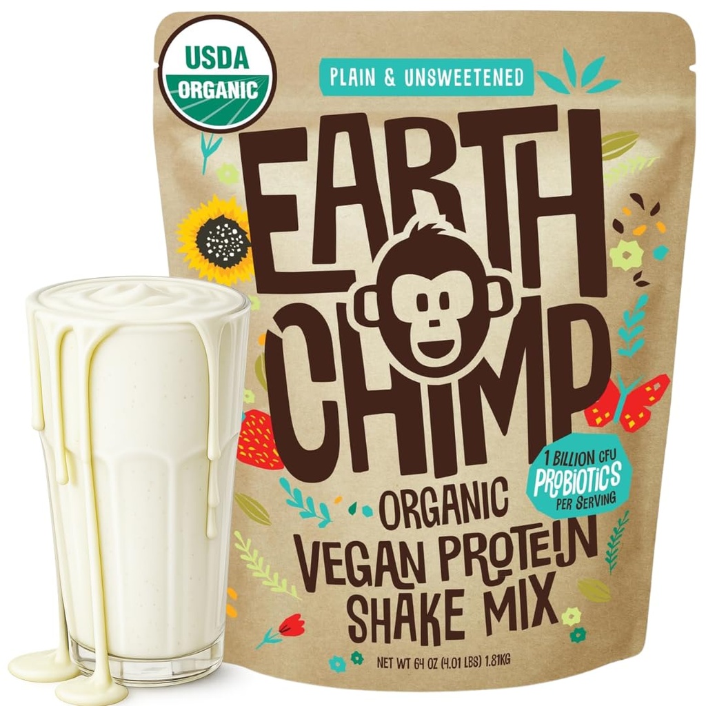 TerraChimp Organic Vegan Protein Powder - con Probiotici - Non OGM, Dairy Free, Non Whey, Polvere proteica basata sulle piante per le donne e gli uomini, senza glutine - 52 Servings, 64 Oz (Plain & Unsweetened)