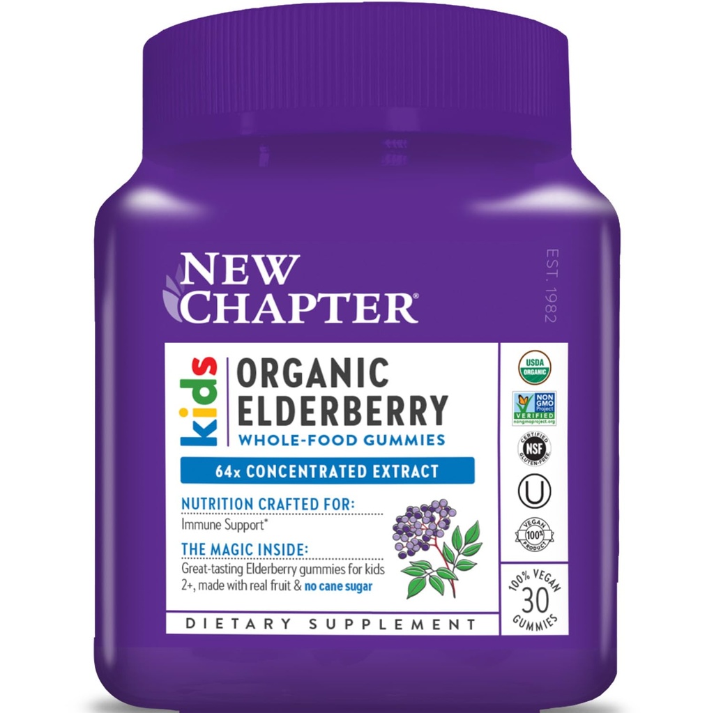 New Chapter Elderberry Gummies for Kids 2+, USDA Organic, 64x Concentrated Pure Elderberry for Immune Support,Great Tasting Whole-Food Gummies, Vegan & Non-GMO, 30 ct
